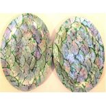 2x Oval dishes made from green mussel shells embedded in resin. Each 27 x 18cm.