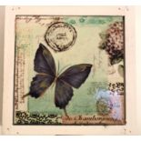 Storage box with blue butterfly and postage mark designed tile on the lid. Painted white inside, and