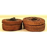 2x rattan baskets with carved wood lids showing frogs or turtles. 15 x 5 and 10 x 4cm.