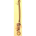 Brass chain with an assortment of Chinese cloisonne and stone beads and an articulated fish. 32cm.