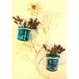 White painted metal display with two glass vases for flowers or nite lights. 40 x 20cm. New