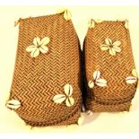 2x Rattan and cowrie shell baskets. 20 x 14 and 16 x 12cm.