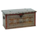 A Persian mother of pearl inlaid wooden casket, probably Afghanistan, with iron carry handled to