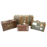A group of four vintage suitcases, the largest wooden bound and canvas covered, 51 by 91 by 31 cm