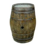 A large oak coopered barrel with stopper hole and eight iron bands, a/f banding loose but still