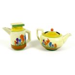 Two Clarice Cliff 'Autumn Crocus' pattern teapots, one in the 'Eton' shape, black printed '