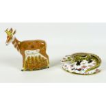 Two Royal Crown Derby paperweights, modelled as 'Pronghorn Antelope', limited edition 223/950,