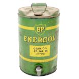 A vintage 'BP Energol Gear Oil' metal can, 'EP. SAE 90 (Hypoid)', with single handle to its top