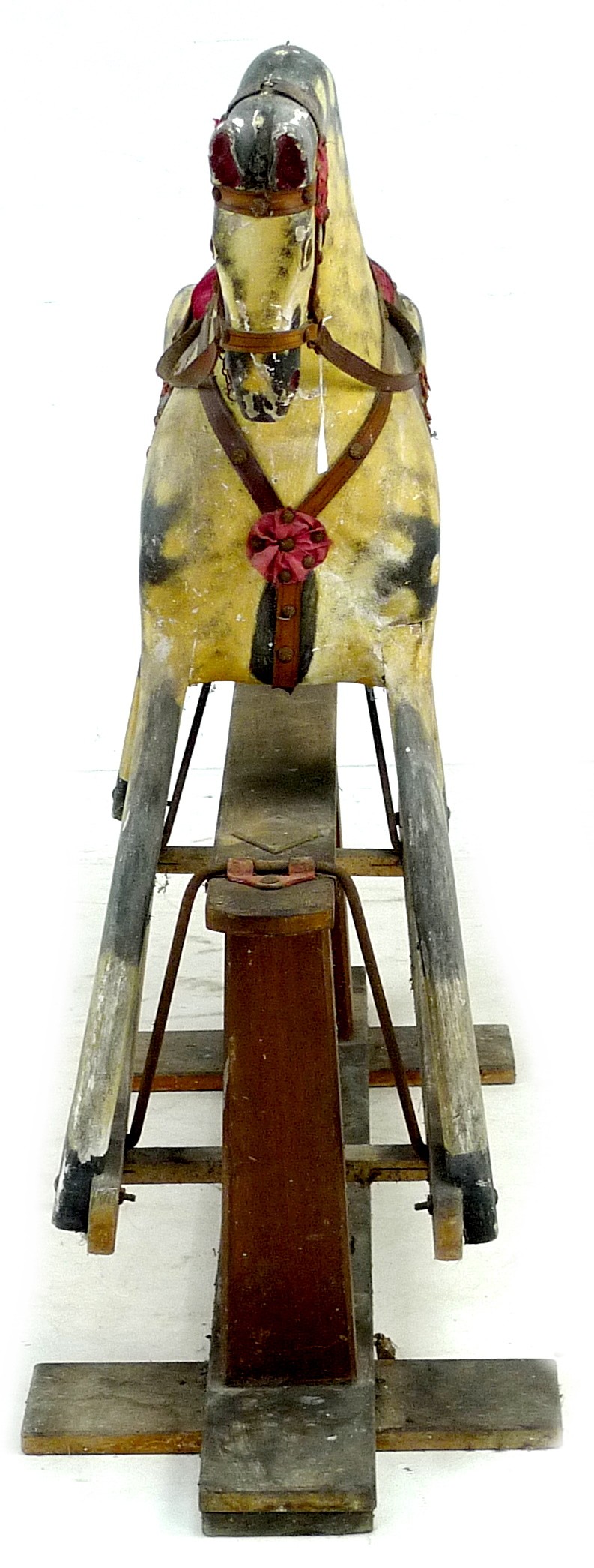 A mid 20th century carved wooden rocking horse, dappled grey coat, red saddle, on a pine base with - Image 4 of 4