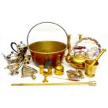 A large group of metal wares, including a brass plant mister, a brass and copper jam pan, pestle and