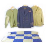 Three pieces of WWII uniform, naval officer's tunic with economy braiding, ribbons and buttons, a