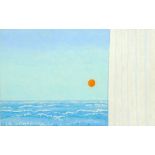 A modern seascape showing the sun above waves, viewed with a white shutter beside, oil on board,