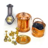 A collection of copper and brass items, including a coal scuttle, 35 by 32 by 40cm high a helmet