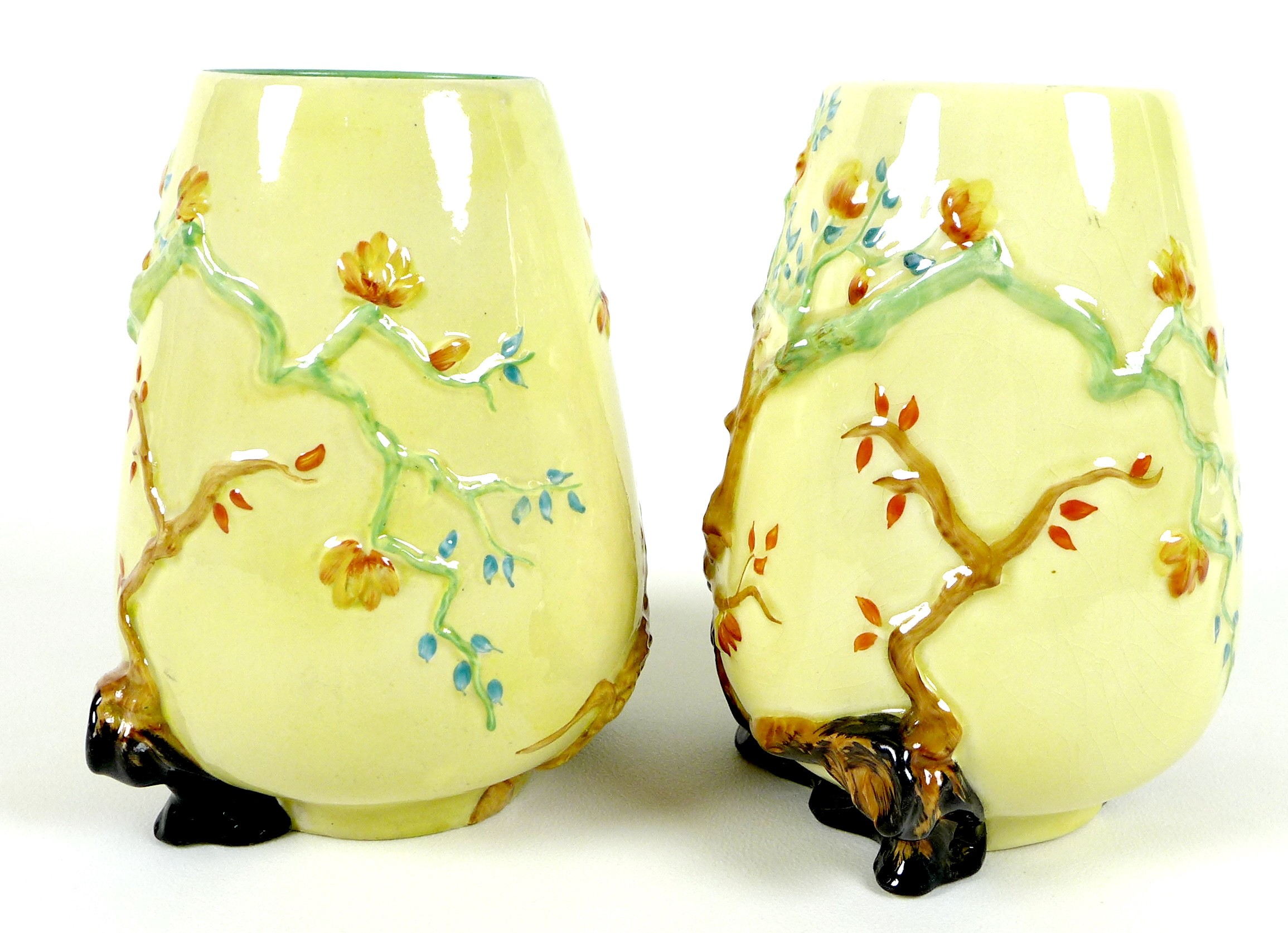 A pair of Clarice Cliff My Garden vases, pattern number 989 of moulded form, green back stamp - Image 3 of 9