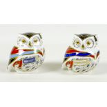 Two Royal Crown Derby paperweights, modelled as 'University of Derby Owl', one of a limited