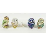 A group of five Royal Crown Derby paperweights, all modelled as birds, comprising 'Woodland Owl',