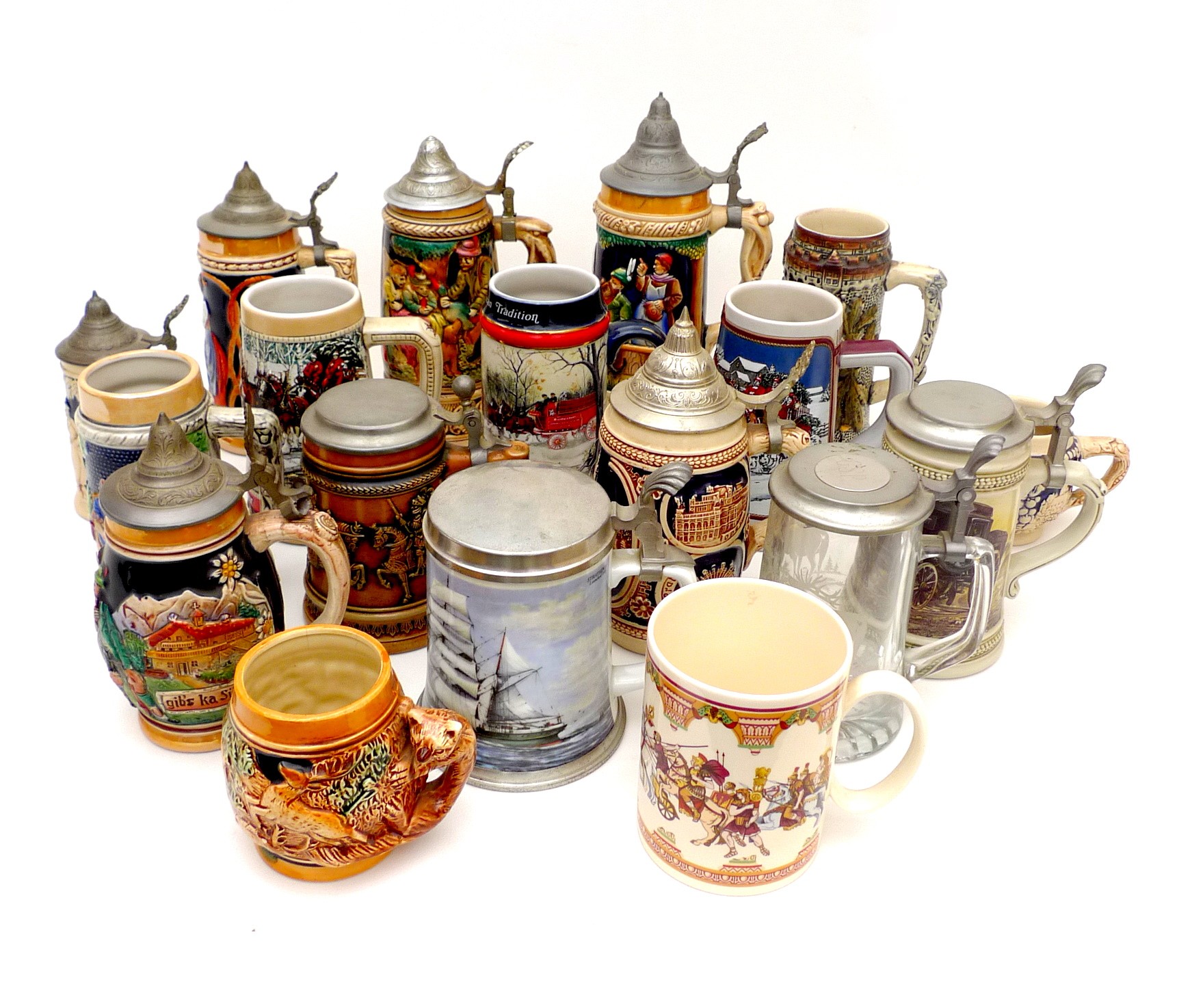 A collection of modern drinking steins, with moulded and printed decoration, most with metal