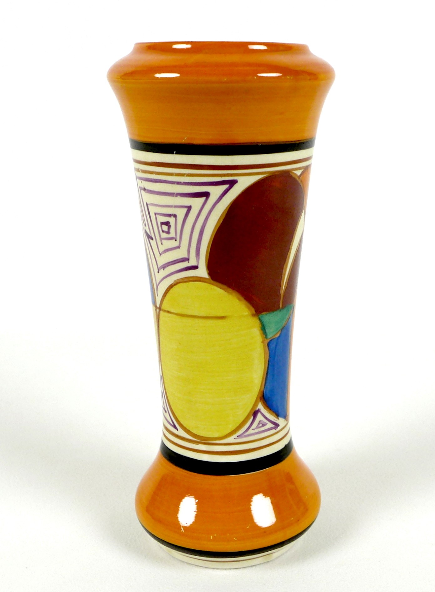 A Clarice Cliff Fantasque Melon (Picasso Fruit) vase, of waisted cylindrical form, pattern number