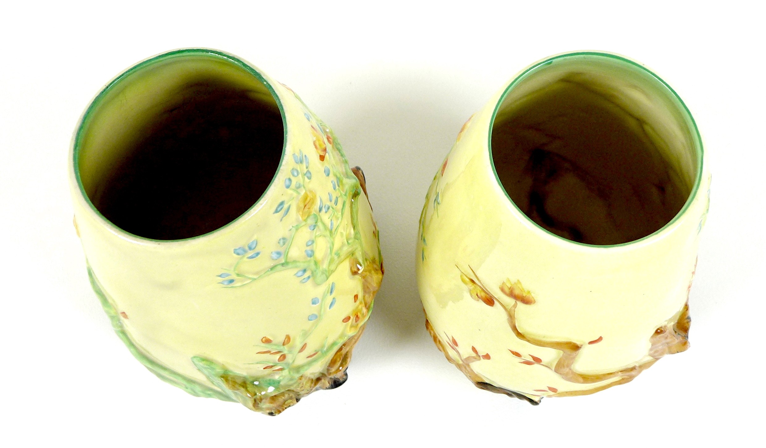 A pair of Clarice Cliff My Garden vases, pattern number 989 of moulded form, green back stamp - Image 6 of 9