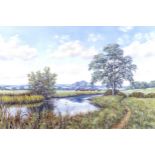 Deborah Poynton (20th century): a fenland landscape, with cattle grazing beside water, signed