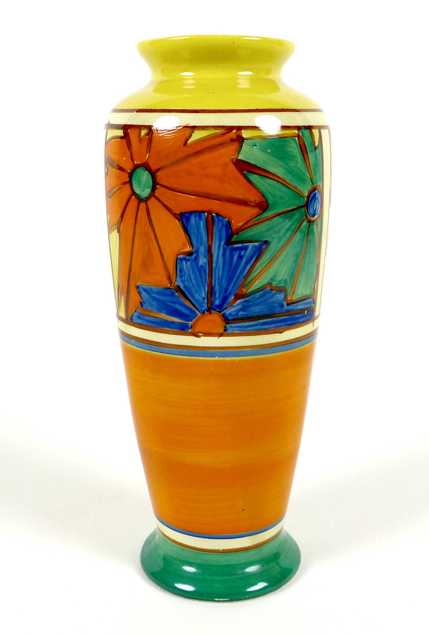 A Clarice Cliff Fantasque Umbrella Pattern vase, of baluster form, black backstamp 'Hand Painted