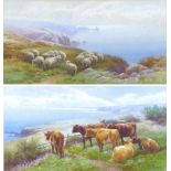 Tom Rowden (British, 1842-1926): a pair of coastal landscape studies, one depicting a herd of