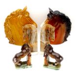 A collection of six equine ornaments, comprising two horse head busts, the largest, treacle