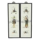 A pair of Chinese hardstone inset pictures, each depicting a figure standing in a garden with