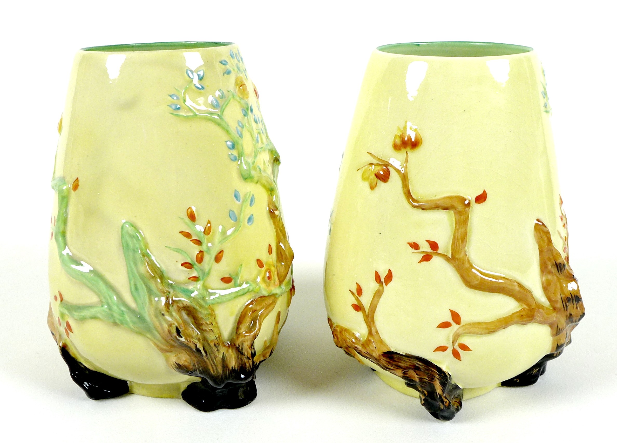 A pair of Clarice Cliff My Garden vases, pattern number 989 of moulded form, green back stamp - Image 5 of 9