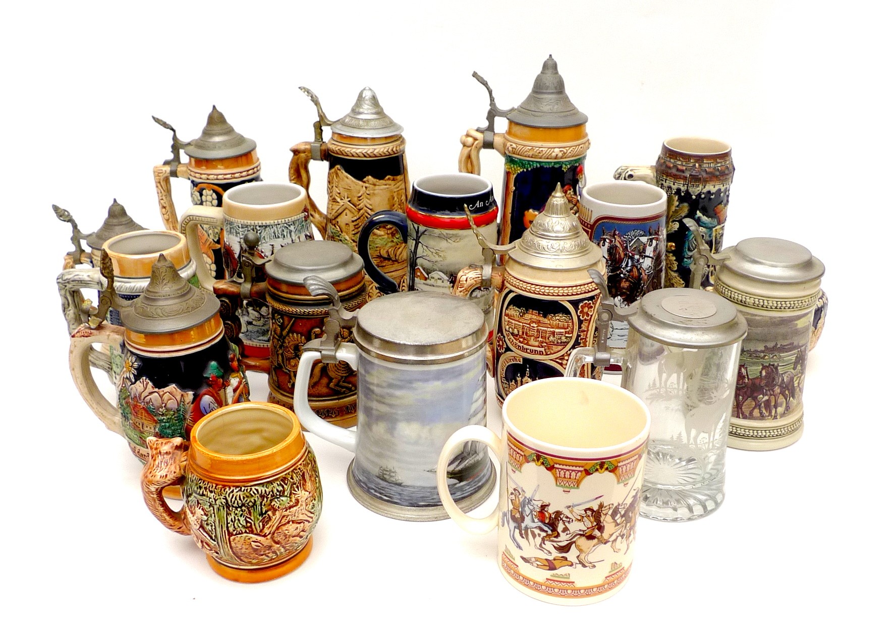 A collection of modern drinking steins, with moulded and printed decoration, most with metal - Image 2 of 7