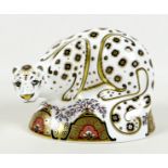 A Royal Crown Derby paperweight, modelled as 'Snow Leopard', MMXII, gold stopper, 12.5cm high,