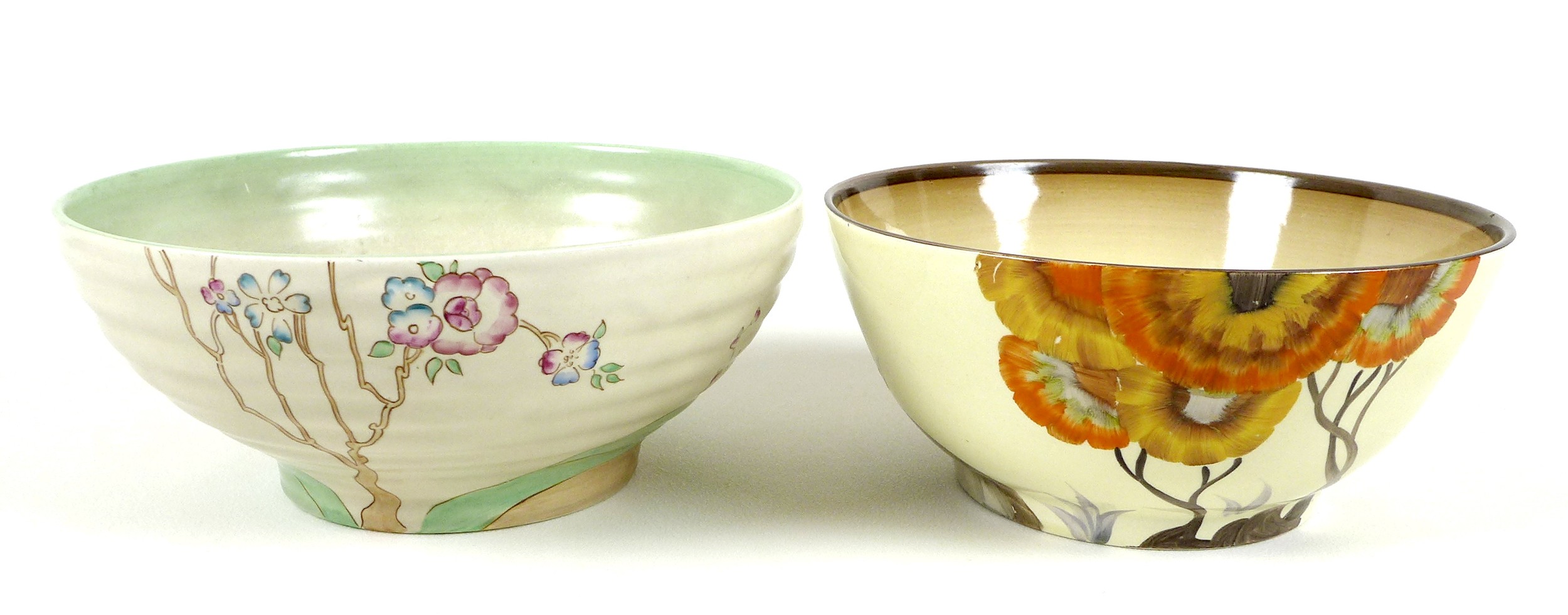 A Clarice Cliff Rhodanthe bowl, with green backstamp for Royal Staffordshire Pottery, A. J.