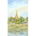 Henry George Gandy (British, 1879-1950): a Burmese golden pagoda with lake in foreground, signed and
