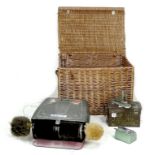 A collection of vintage items, comprising a large wicker hamper, 72 by 55 by 51cm high a shoe