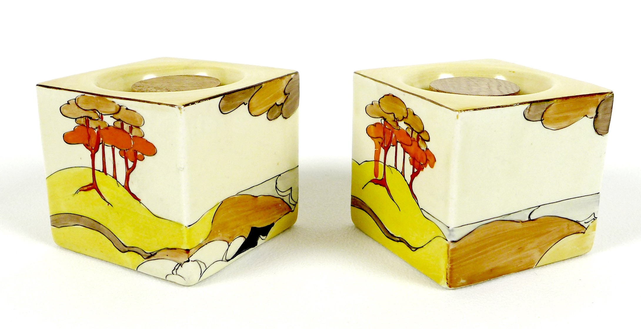 A pair of Clarice Cliff bizarre cuboid candlesticks, hand painted in the Coral Firs pattern, shape - Image 3 of 6