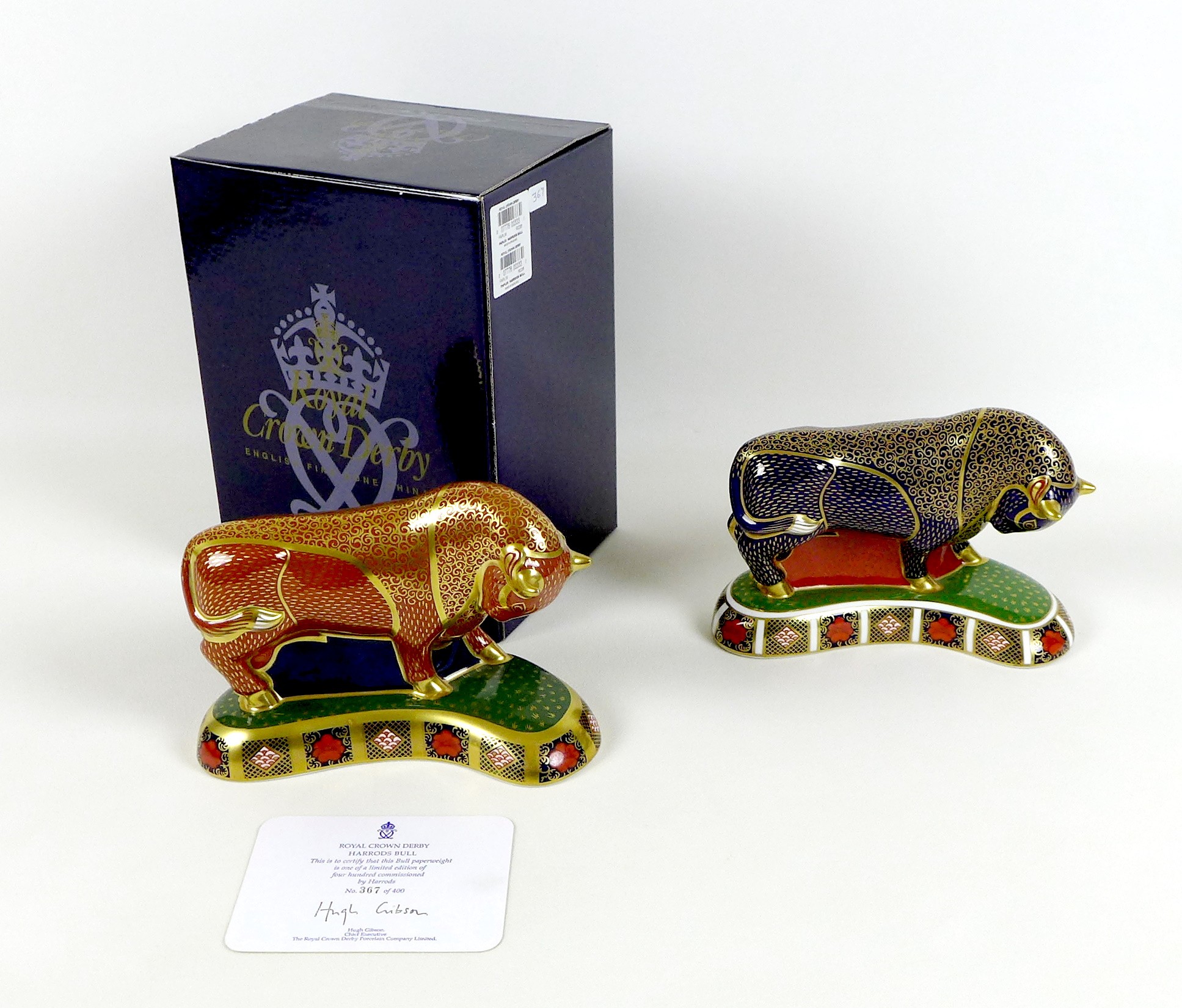 Two Royal Crown Derby paperweights, modelled as 'Harrods Bull', one of a limited edition of 400 - Image 8 of 8