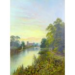 British School (early 20th century): Evening view from riverbank (possibly the Thames) with boats