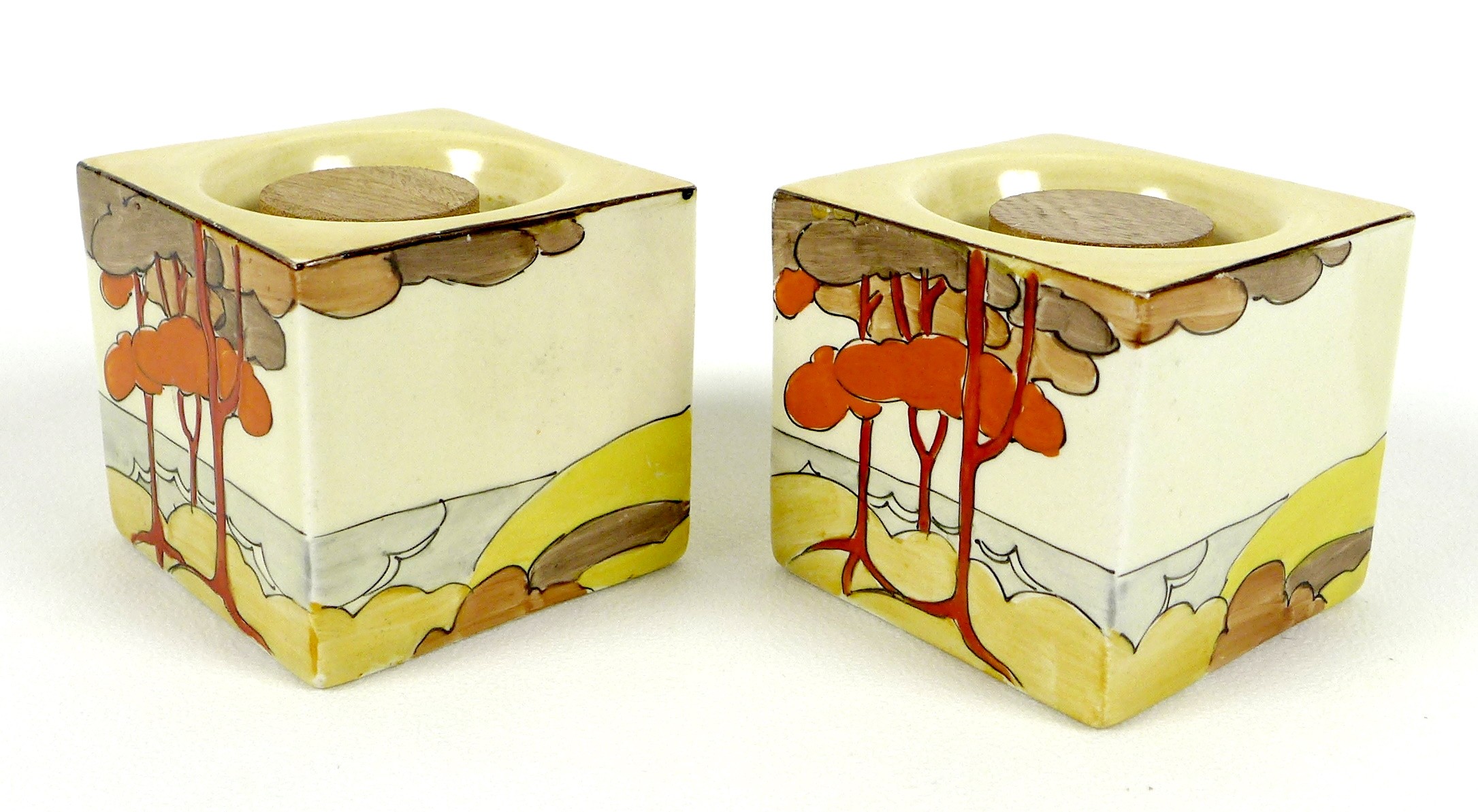 A pair of Clarice Cliff bizarre cuboid candlesticks, hand painted in the Coral Firs pattern, shape - Image 2 of 6