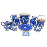 A collection of Wedgwood blue jasperware, including tea service with teapot, milk jug and lidded