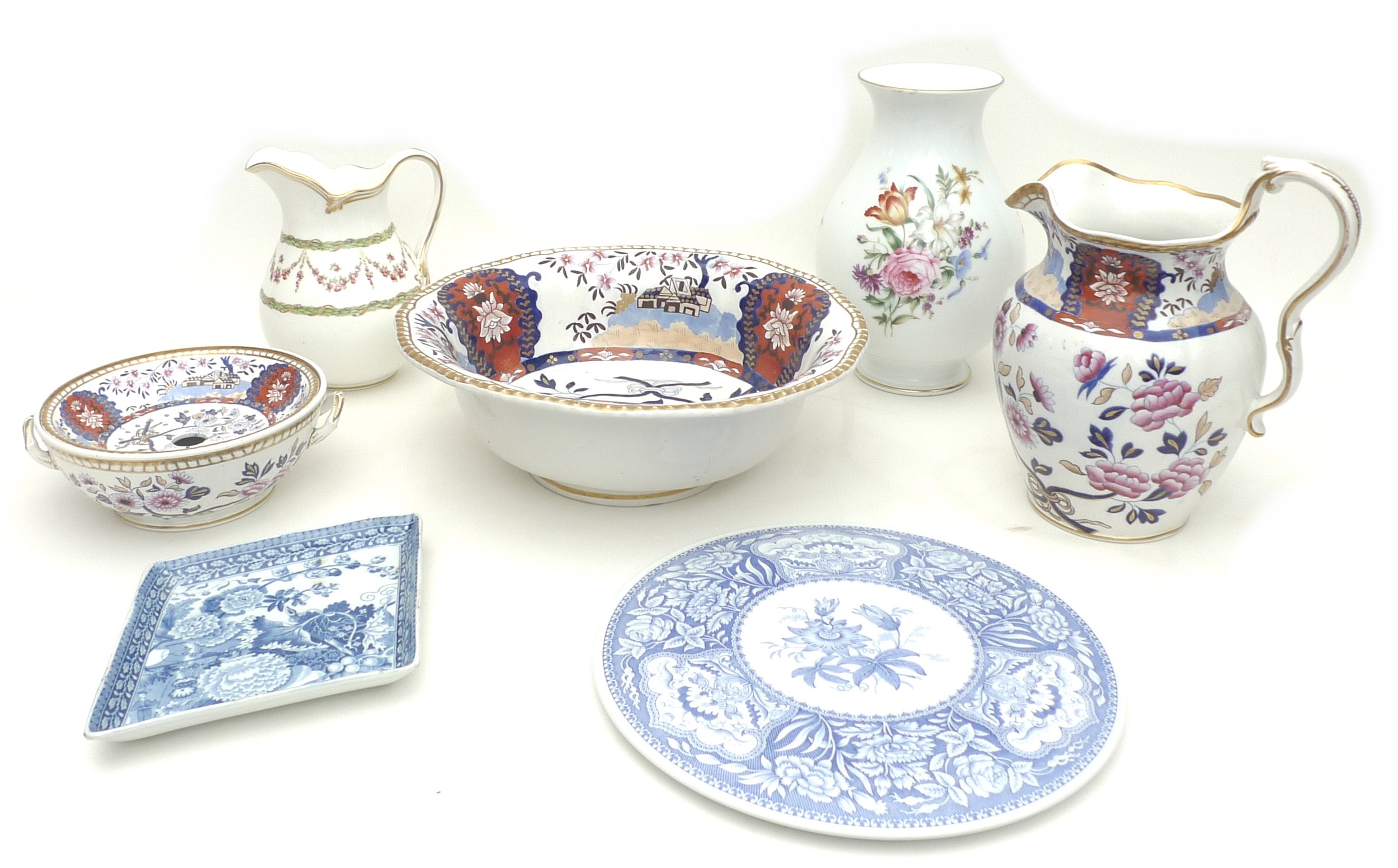 A group of ceramics including a Spode Wash set, in the Imperial pattern, comprising jug 26cm high,