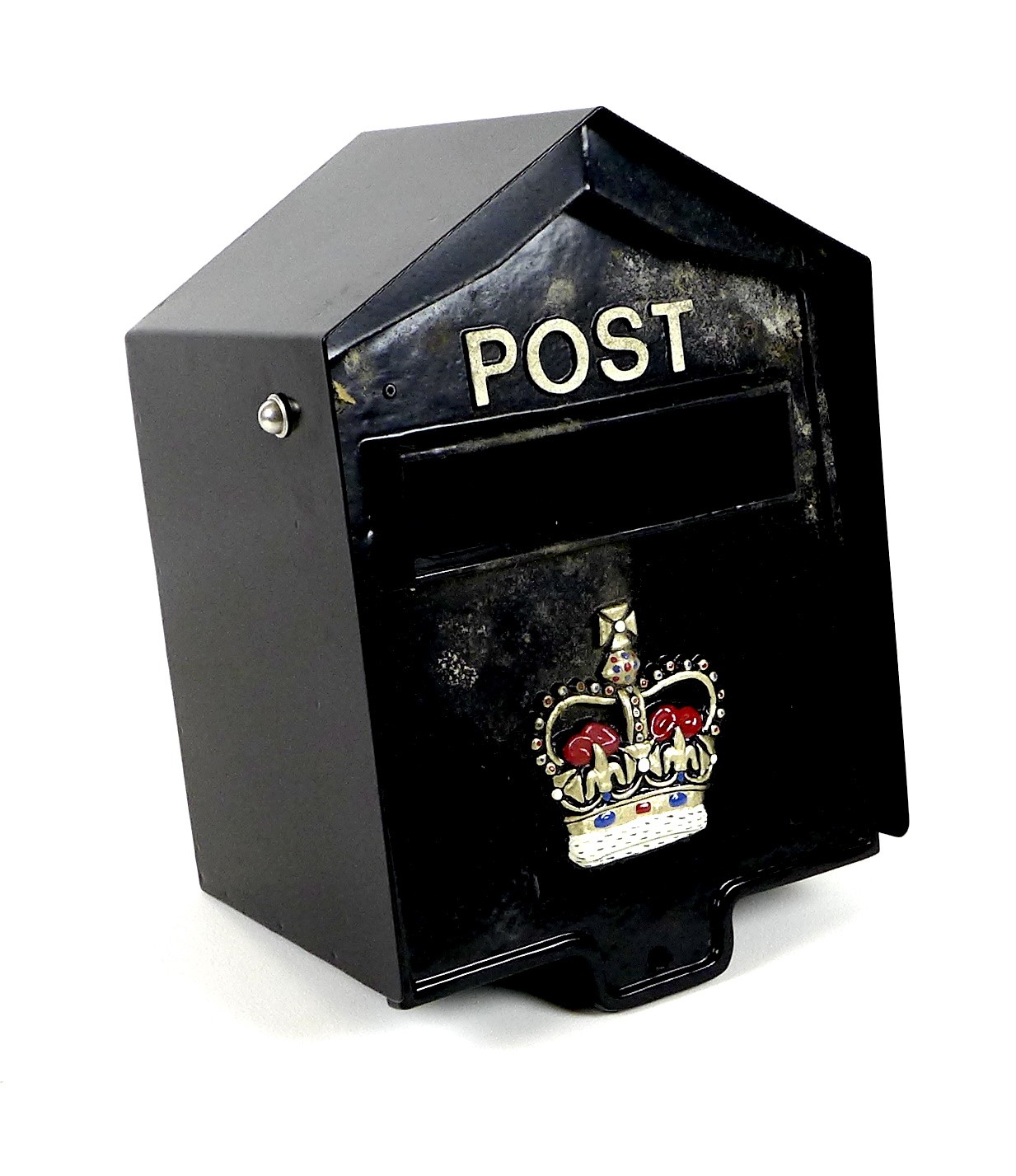 A modern post box, painted black, the front with 'Post' and a Royal crown, for wall mounting, 37