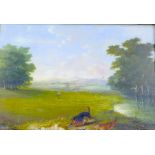 British School (late 19th century): landscape sporting scene with two dogs playing in the