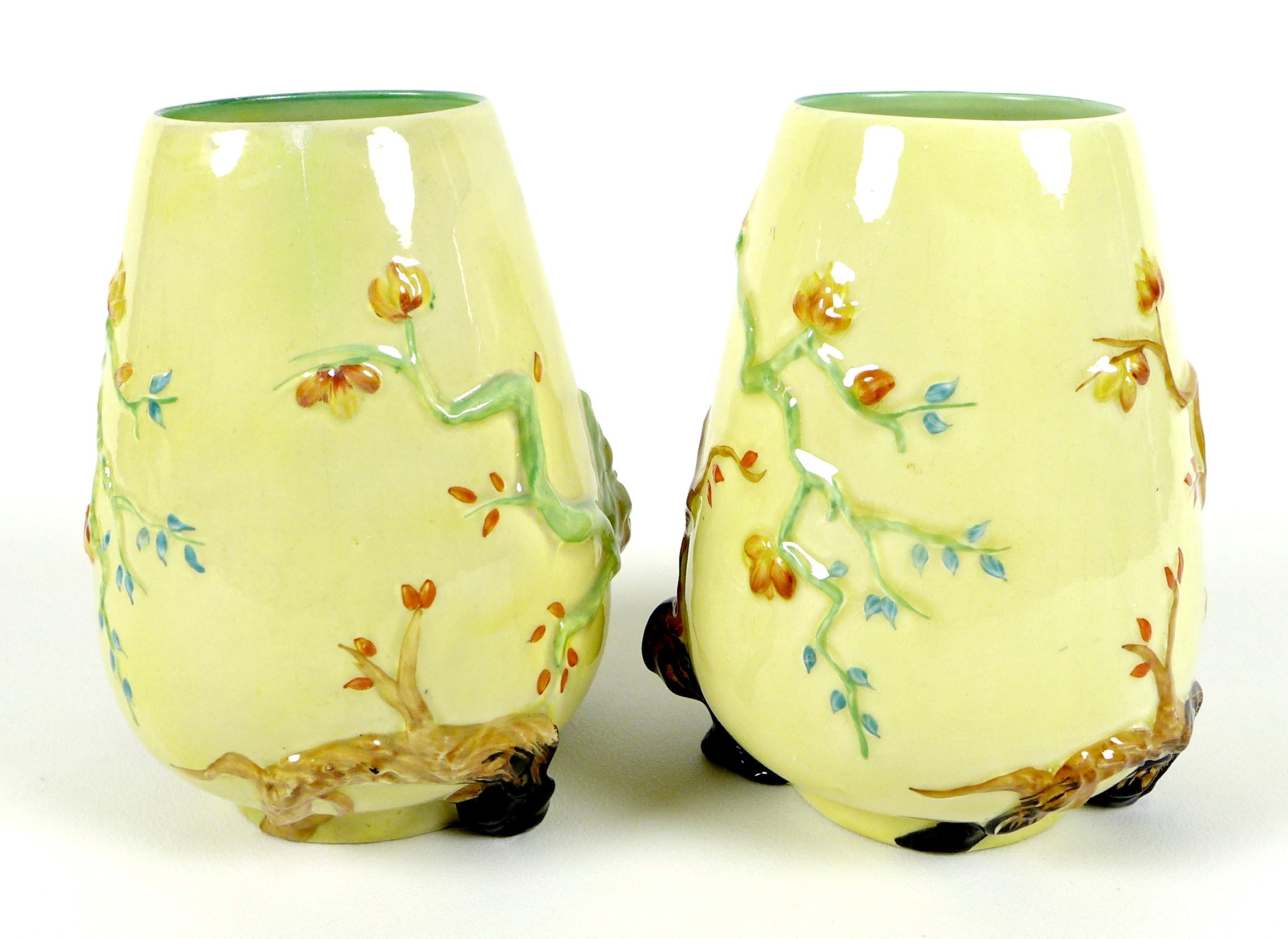 A pair of Clarice Cliff My Garden vases, pattern number 989 of moulded form, green back stamp - Image 4 of 9