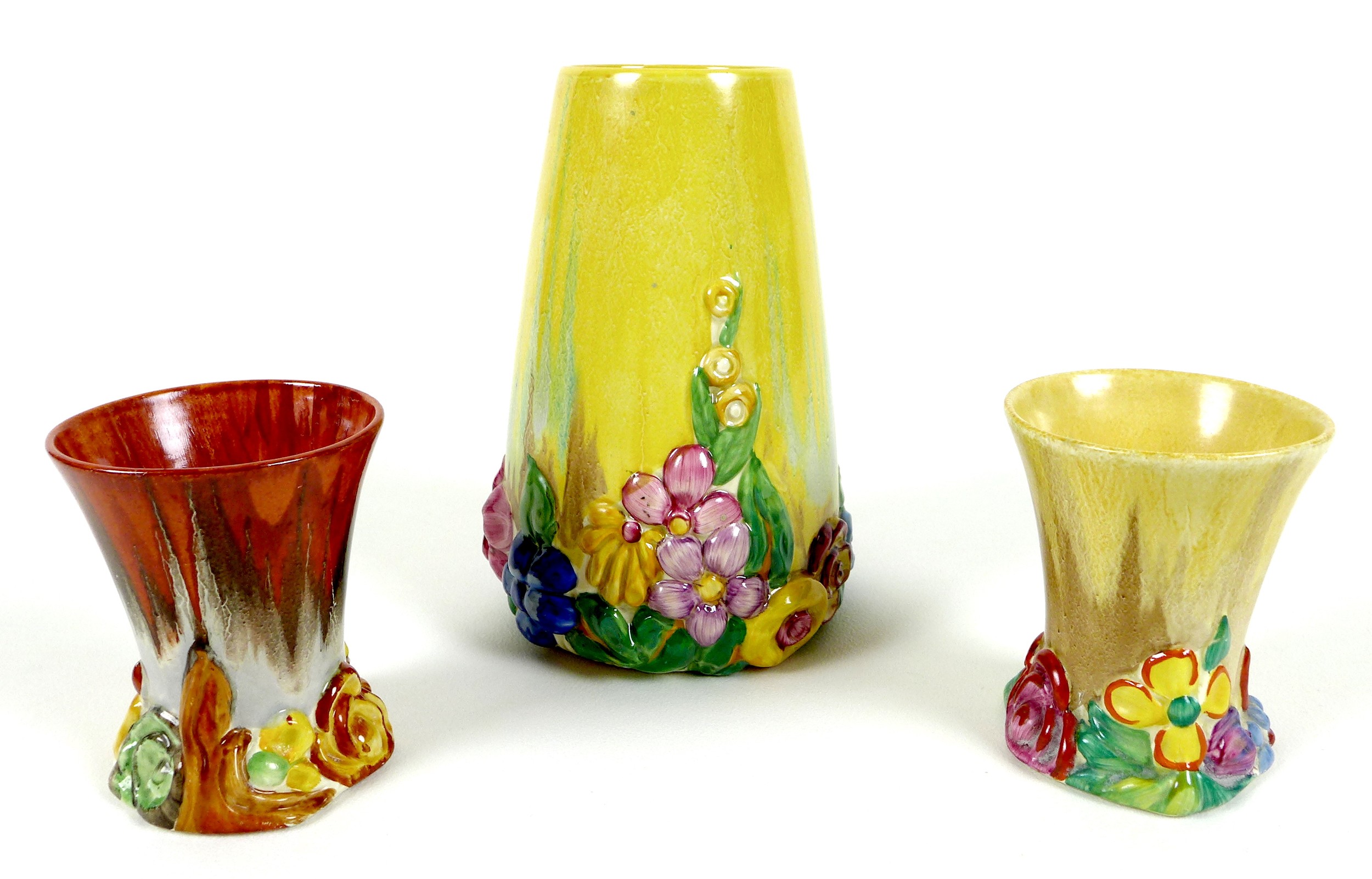 A pair of Clarice Cliff vases in the My Garden pattern, of squat flared form, with moulded flowers - Image 2 of 9