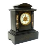 A Victorian slate mantel clock, of architectural form with marble pilasters and carved decoration, 8