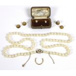 A selection of gold jewellery, comprising a pearl necklace with 9ct gold clasp, with gold safety