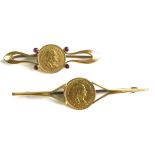 Two bar brooches each set with a gold Costa Rican 1900 Dos Colones coin, the first within an 18ct