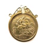An Edward VII gold half sovereign, 1910, contained within 9ct gold pendant mount, 5.3g total.