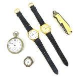 A collection of watches including an early 20th century silver cased wristwatch, enamel dial with