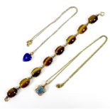 A 9ct gold and tiger's eye cabochon bracelet, 19cm, 19.4g, together with a 9ct gold mounted opal